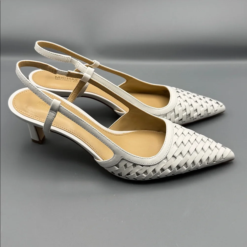 Michael Kors White Woven Pointed-Toe Slingback Heels